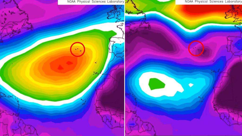 El anticiclón de las Azores entre 1990 y 2021 para esta época (izq.) y en los dos últimos meses (drch.)