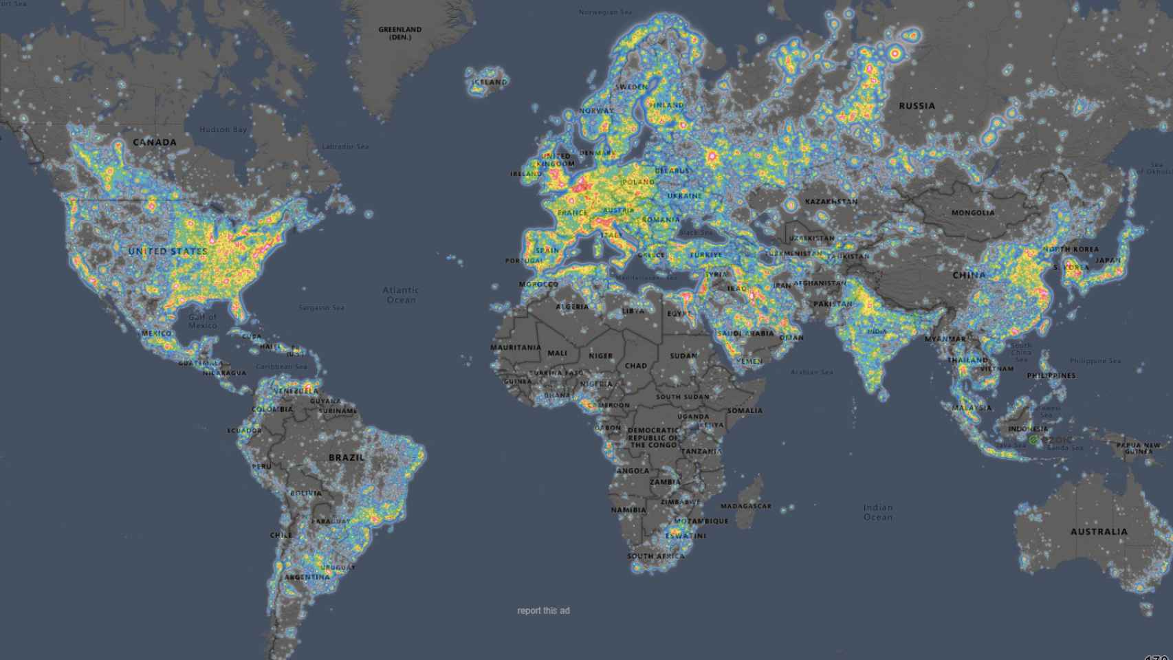Mapa de la contaminación lumínica en el mundo.