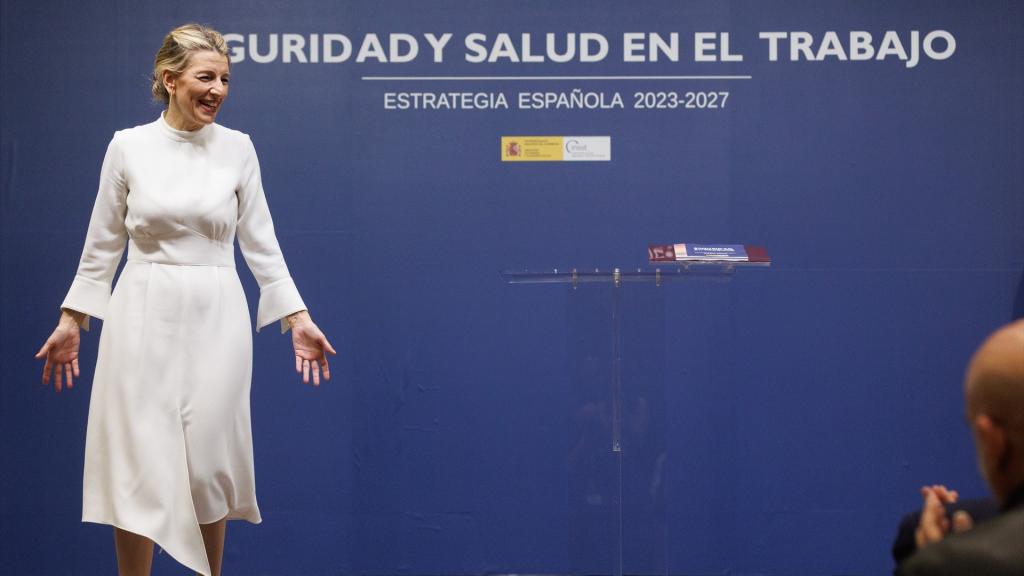 La vicepresidenta segunda y ministra de Trabajo y Economía Social, Yolanda Díaz, durante el acto de presentación del Acuerdo de Diálogo Social para la aprobación de la Estrategia Española de Seguridad y Salud en el Trabajo.