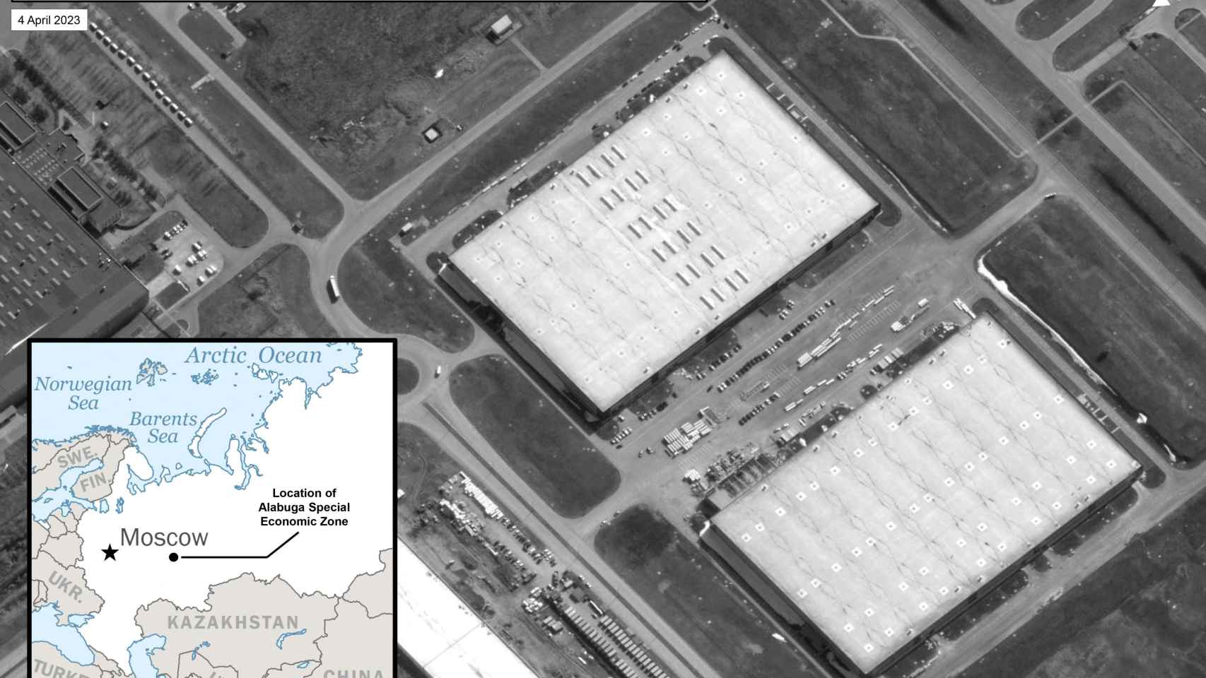 Una imagen satelital muestra la posible ubicación planificada de la planta de fabricación de vehículos aéreos no tripulados en la Zona Económica Especial de Alabuga en Rusia.