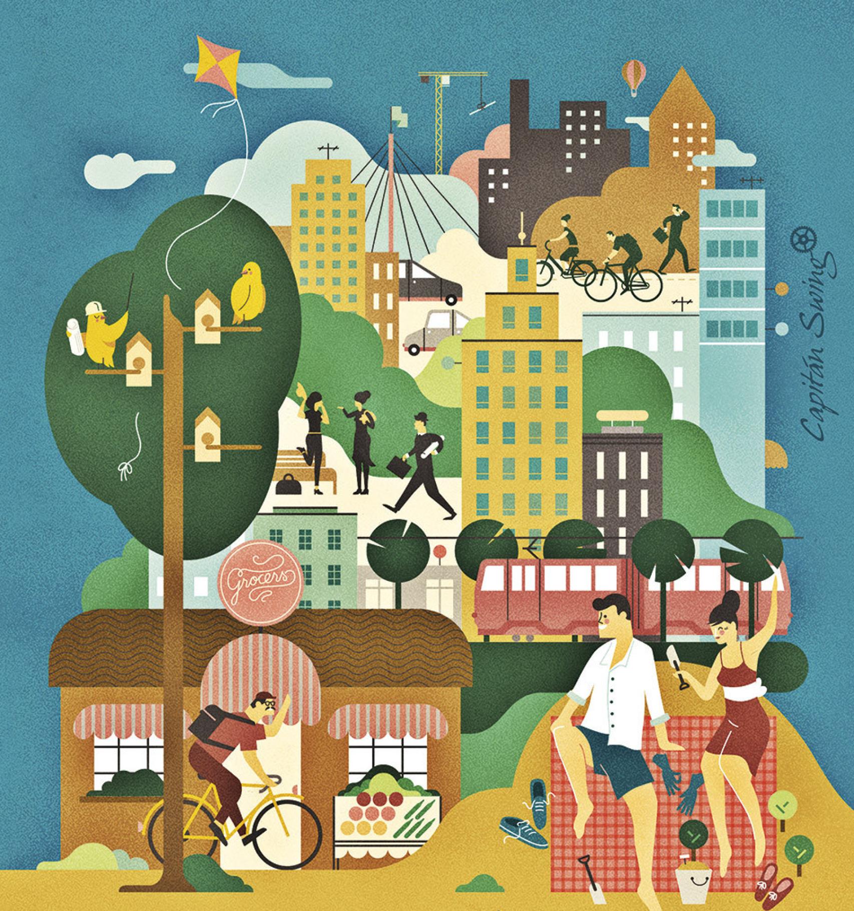 Ilustración de la portada de 'Ciudad feliz' de Charles Montgomery.