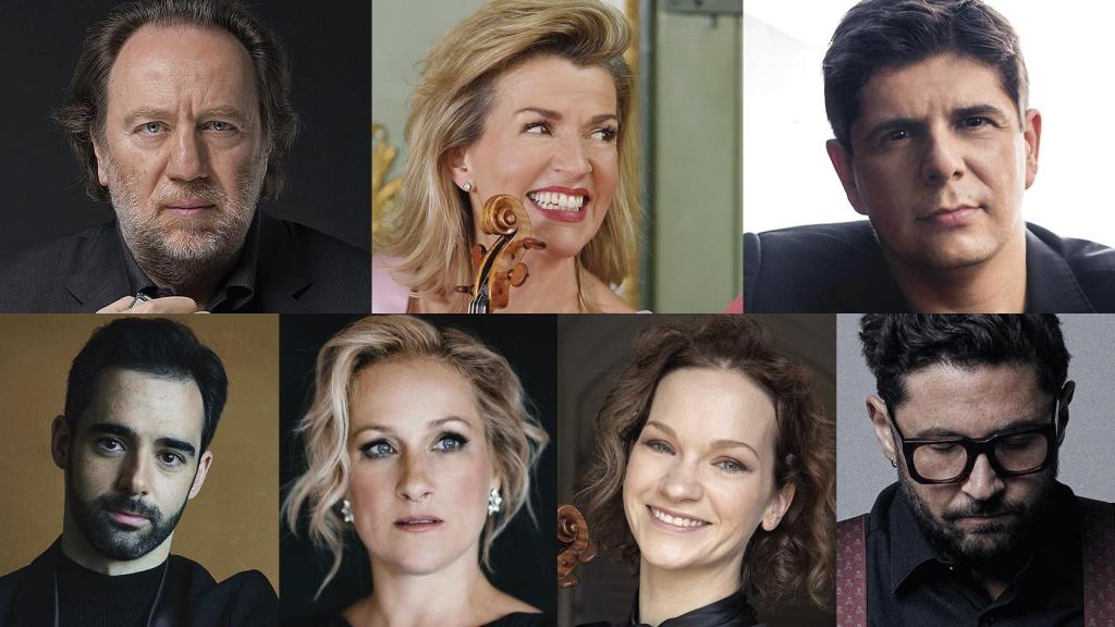 De izquierda a derecha y de arriba abajo, Riccardo Chailly (Foto: Gert Mothes), Anne Sophie Mutter (Japan Art Association), Javier Perianes (Igor Studio), Pablo Ferrández (Kristian Schuller), Diana Damrau, Hilary Hahn (Dan Van Leeuwen) y Aarón Zapico (Rubén Fernández).