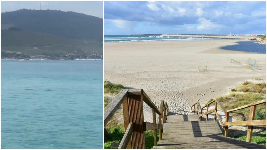 Captura de pantalla del vídeo donde puede verse el tiburón y foto de archivo de la playa de Sabón