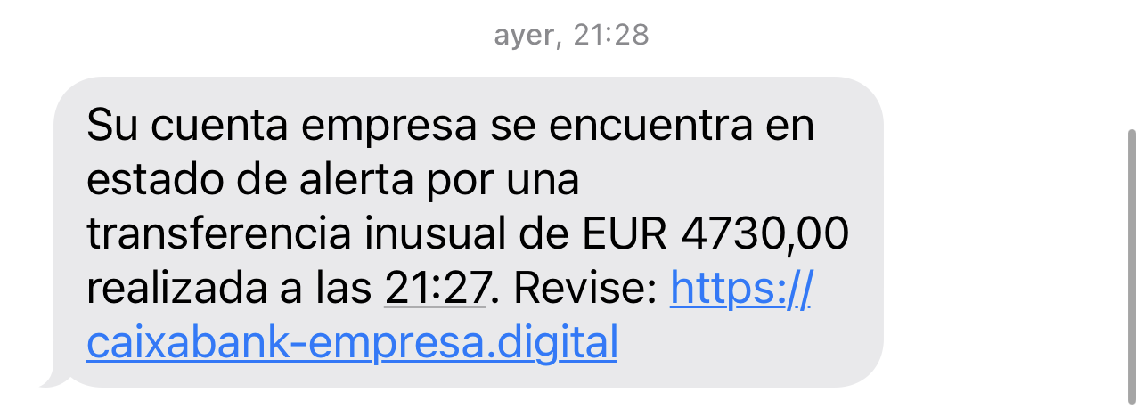 Mensaje SMS recibido fingiendo ser Caixabank