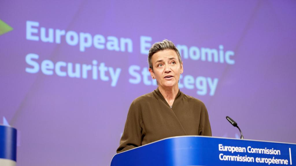 La vicepresidenta de la Comisión, Margrethe Vestager, durante la presentación de la estrategia europea de seguridad económica