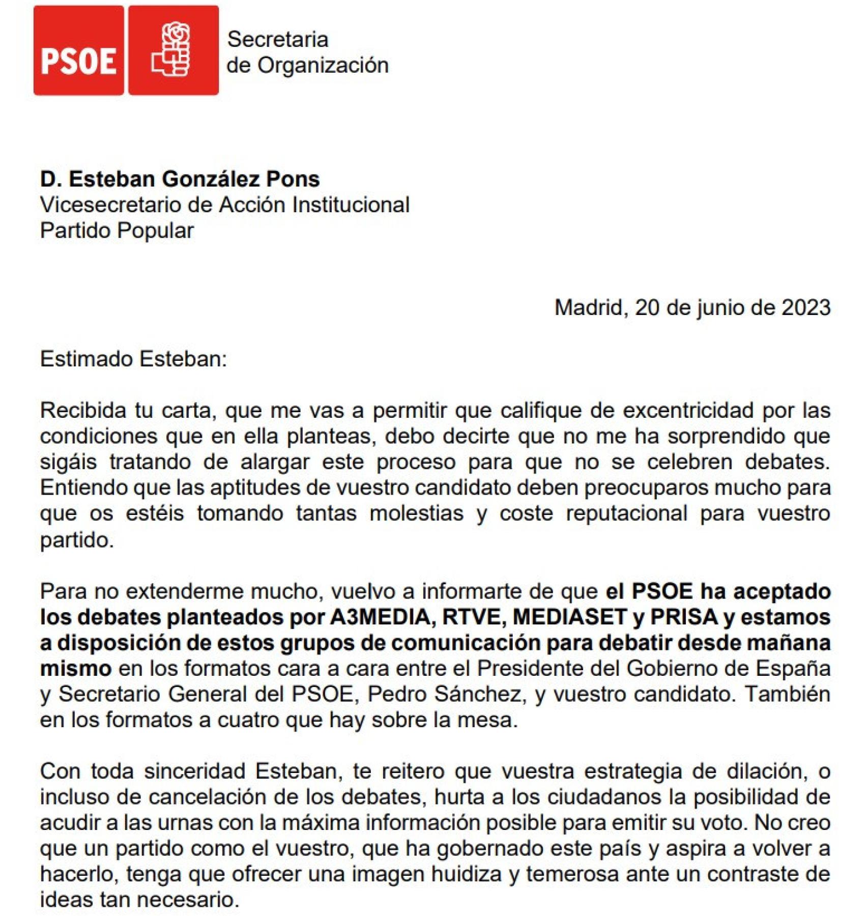 Fragmento de la misiva enviada este martes por Santos Cerdán a Esteban González Pons.