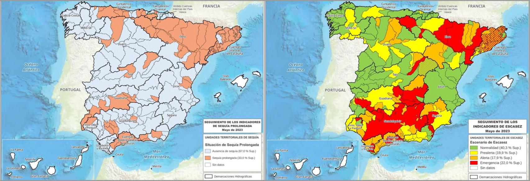 Mapa de la sequía prolongada (izq) y la escasez coyuntural (dcha) en España.