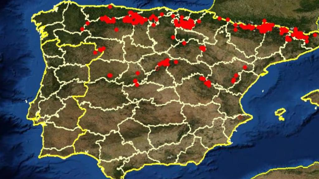 Mapa de España que señala las zonas donde viven los acónitos.