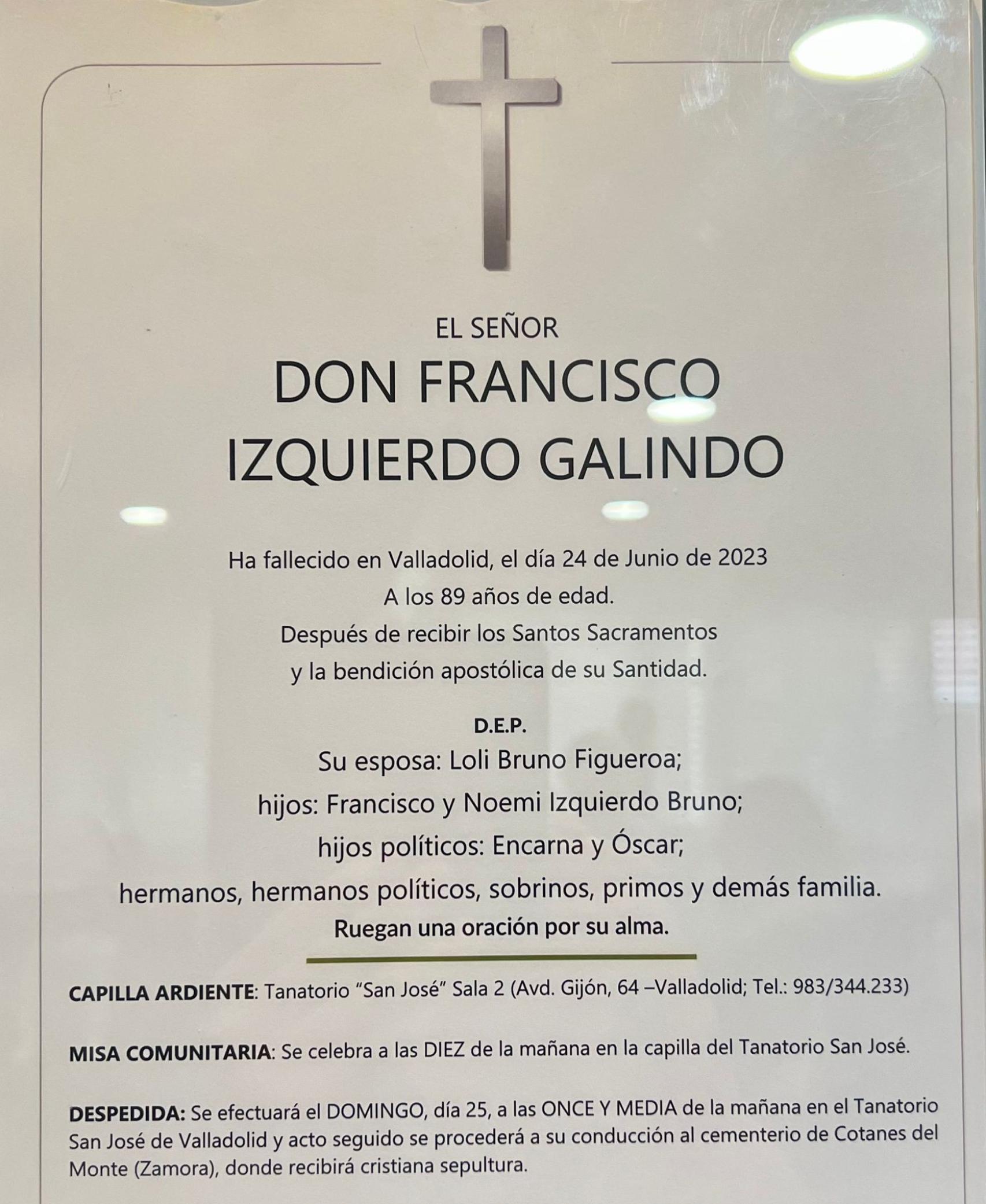 Fallece Francisco Izquierdo Galindo, padre del director comercial de El Español de Castilla y León