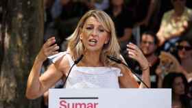 La líder de Sumar, Yolanda Díaz, este sábado durante un acto de precampaña celebrado en Orcasistas (Madrid).