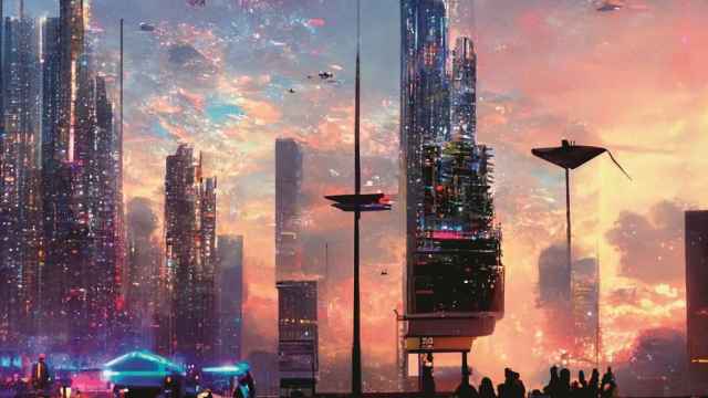 Imagen de una ciudad futurista generada por IA Midjourney.