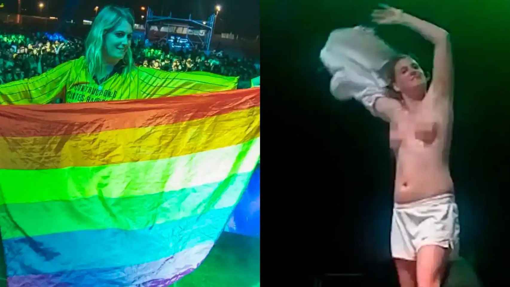 Rocío Saiz en dos imágenes en concierto, en una muestra la bandera LGTBI, y en otra muestra sus pechos al versionar el tema Como yo te amo de Rocío Jurado.
