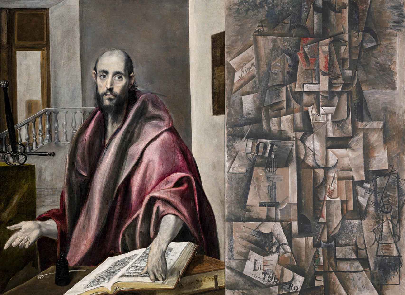 El Greco: 'San Pablo', h. 1585 (Colección particular). A la derecha, Picasso: 'El aficionado', 1912 (Kunstmuseum Basel. Basilea © Sucesión Pablo Picasso, VEGAP, Madrid, 2023)