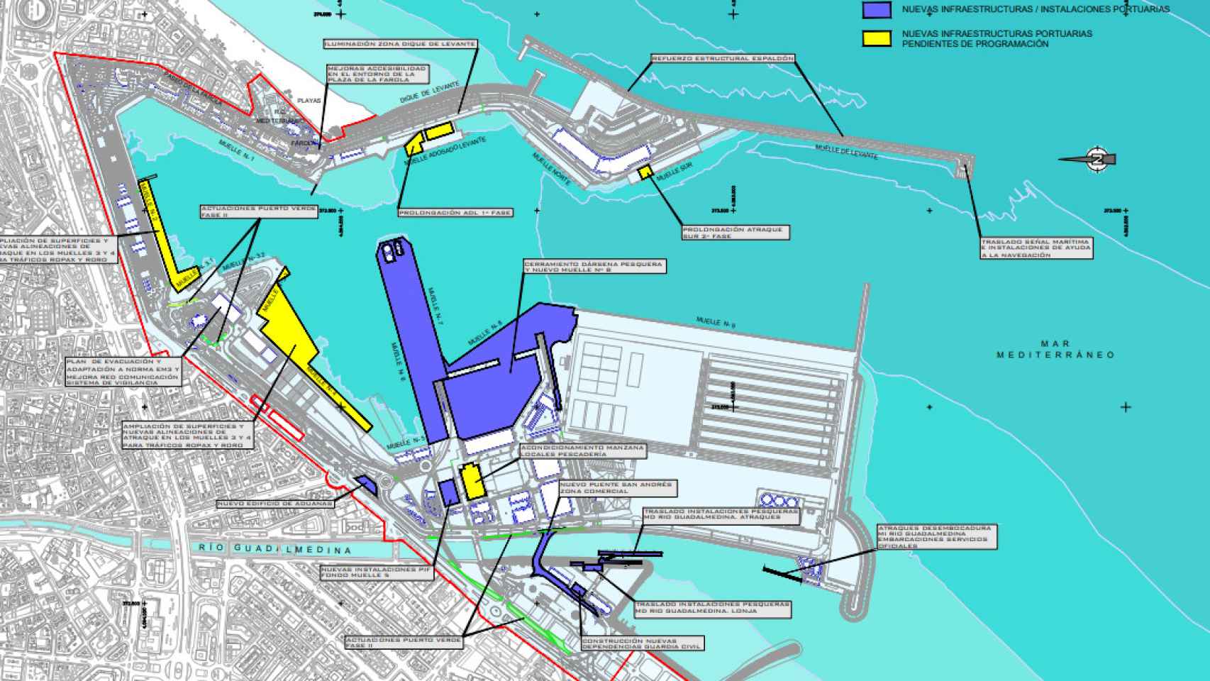 Plano de los proyectos que tiene pendiente el Puerto de Málaga.