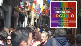 Montaje con la calle de Los Herreros y el cartel del Orgullo LGTBI en Zamora