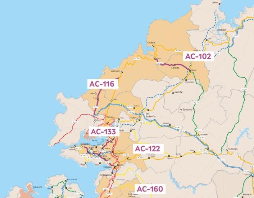 Plano con los tramos que serán objeto de mejora. Imagen: Xunta de Galicia