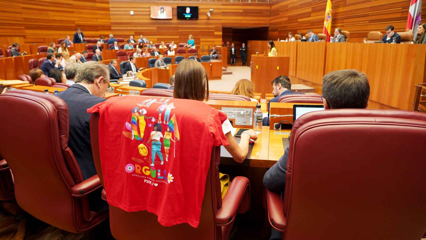 La procuradora socialista Laura Pelegrina coloca una camiseta del 'orgullo' sobre su asiento durante la segunda sesión del pleno de las Cortes de Castilla y León