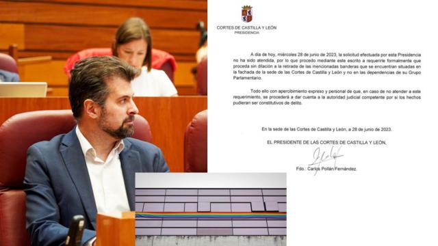 Luis Tudanca junto a la bandera colgada en los balcones y al requerimiento de las Cortes