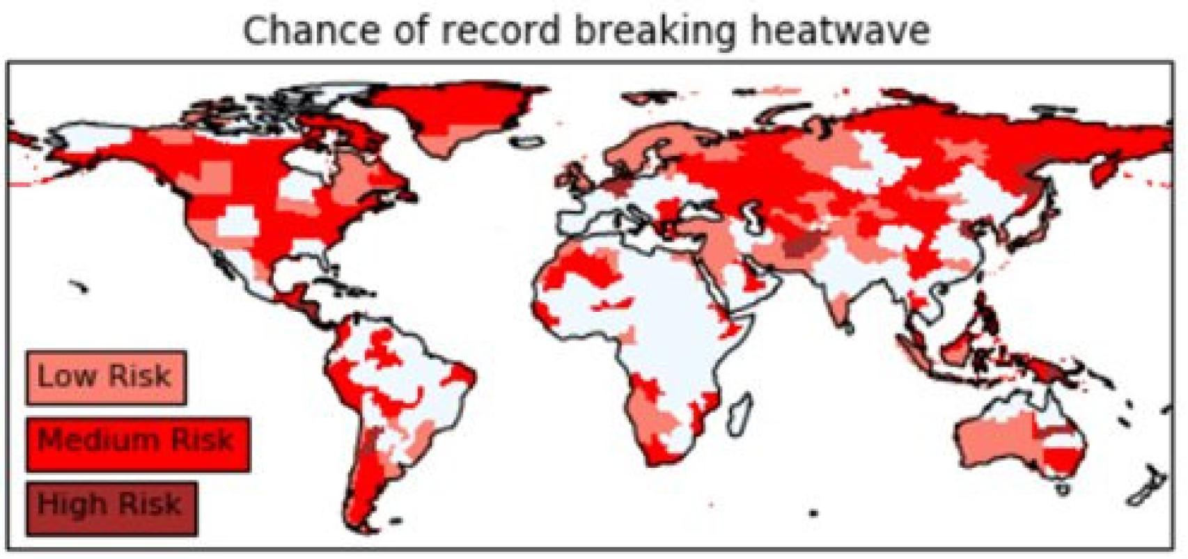 Mapa que muestra dónde es más probable que se produzcan olas de calor sin precedentes. Las regiones de alto riesgo tienen un periodo de retorno inferior a 100 años. Las regiones de bajo riesgo ya han sufrido olas de calor que parecían inverosímiles antes de producirse.