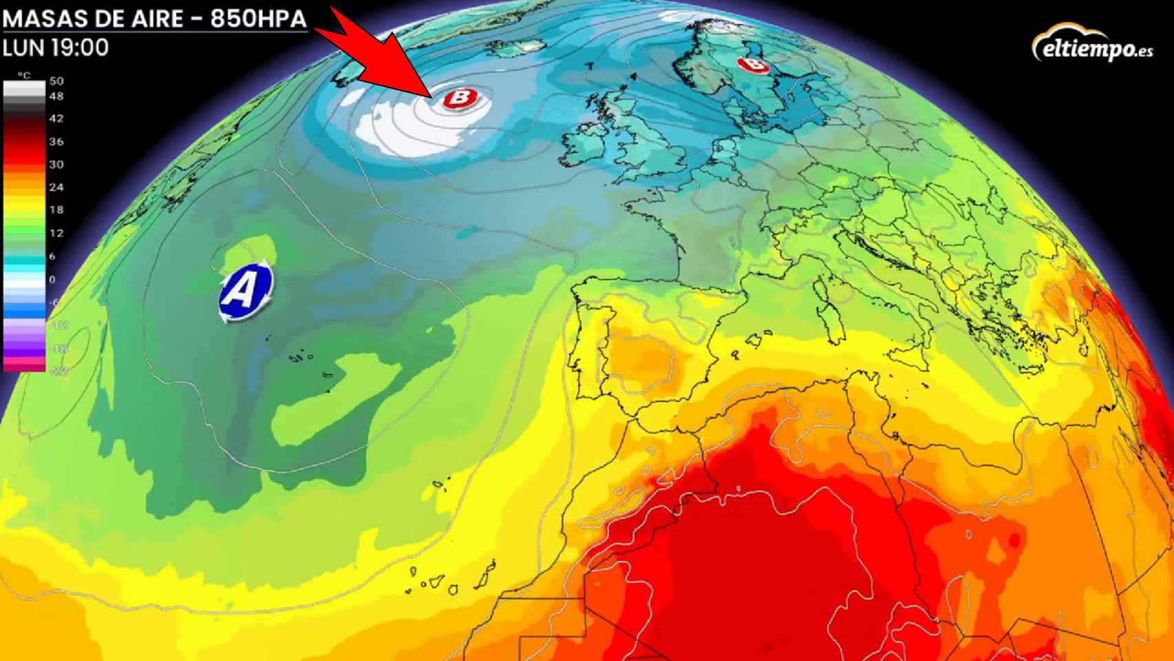La masa de aire frío procedente del norte que bajará las temperaturas en España. ElTiempo.es.