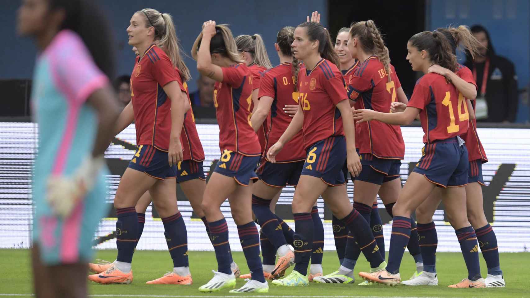 Las jugadoras de la selección española de fútbol femenino, celebrando un gol ante Panamá