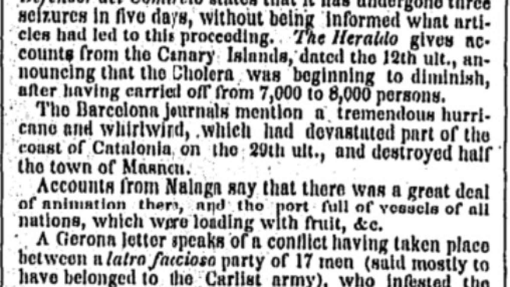 Primera aparición de Málaga en The New York Times, septiembre de 1851.