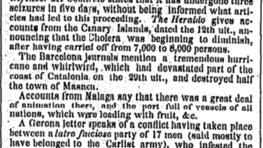 Primera aparición de Málaga en The New York Times, septiembre de 1851.