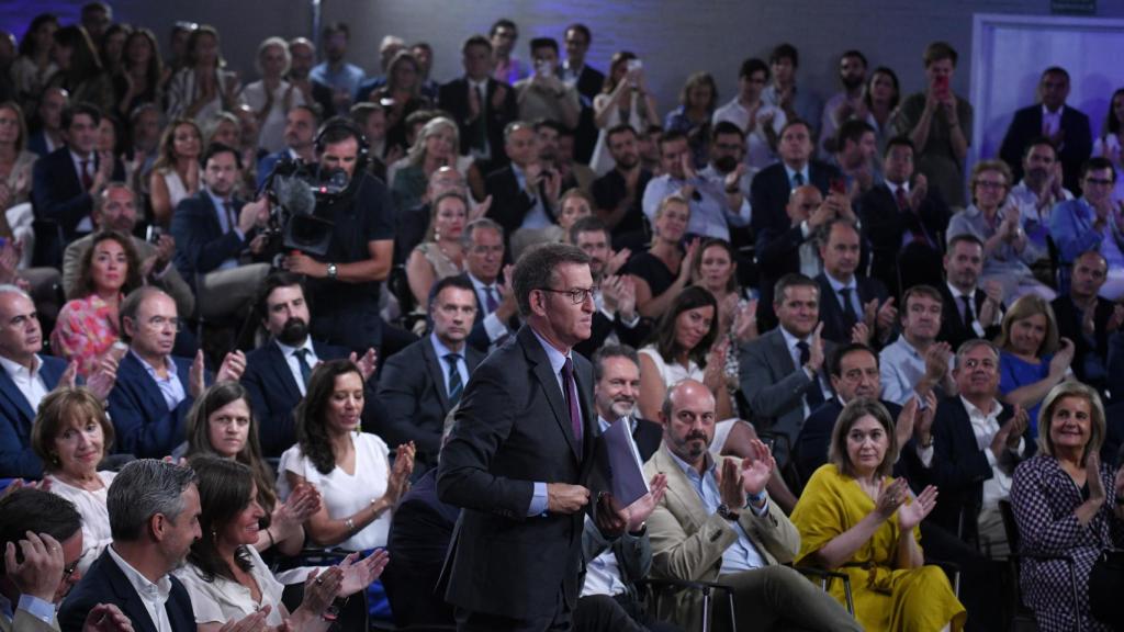 Alberto Núñez Feijóo, en la presentación del programa electoral del PP, este martes 4 de julio en Madrid.