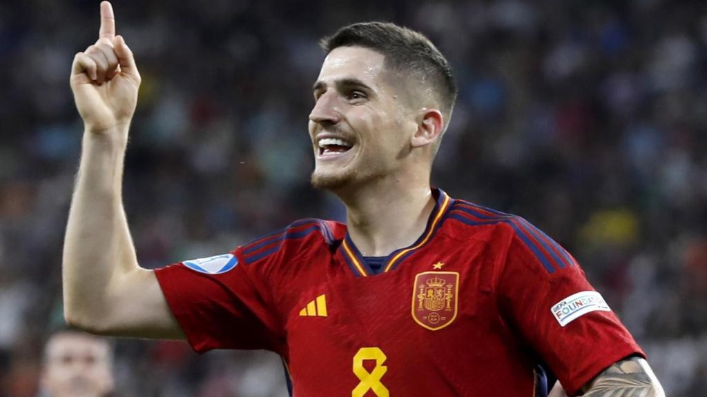 Oihan Sancet, celebrando el gol de España ante Ucrania en la semifinal del Europeo sub21