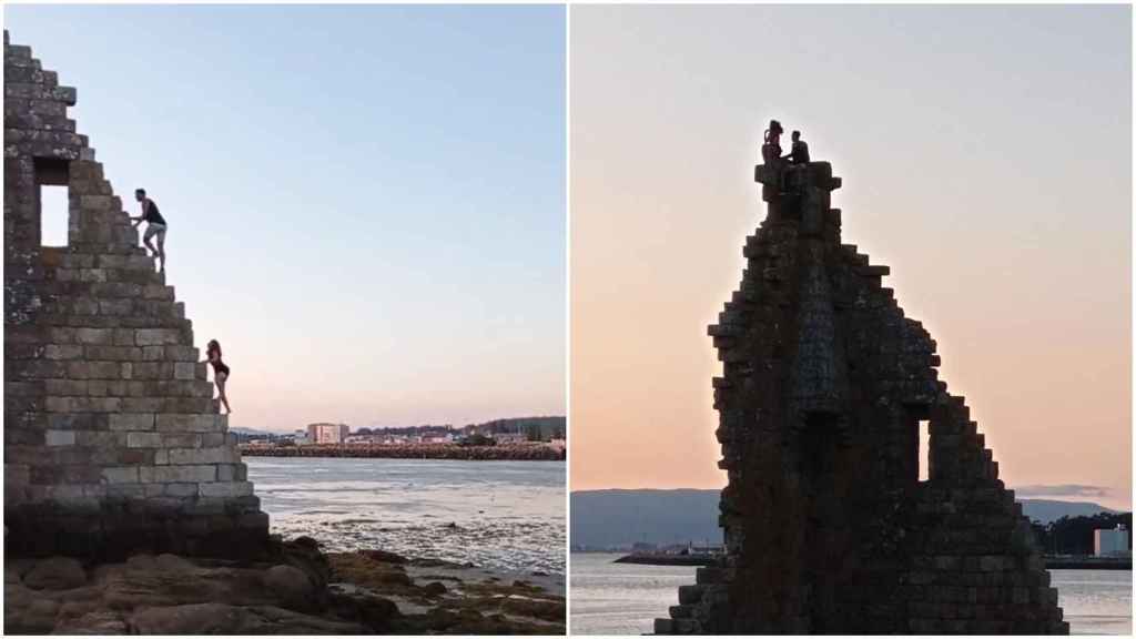 Denuncian en redes a dos turistas que escalaron la Torre de San Sadurniño de Cambados
