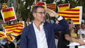 El líder del PP, Alberto Núñez Feijóo, el jueves en el acto de inicio de la campaña, en Castelldefels (Barcelona).