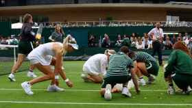 Los jugadores y los miembros del torneo de Wimbledon recogiendo el confeti de los activistas.