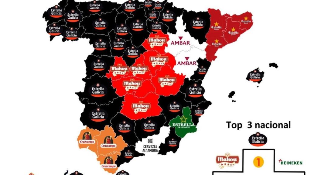 El mapa de España dividido por provincias y marcas de cerveza preferidas