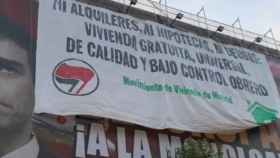 Sindicato de Barrio de Moratalaz ha boicoteado la lona de Desokupa en Madrid.