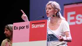 La candidata de Sumar a la Presidencia el Gobierno, Yolanda Díaz, interviene durante un acto público para las elecciones del 23J en el Cartuja Center City, en Sevilla.