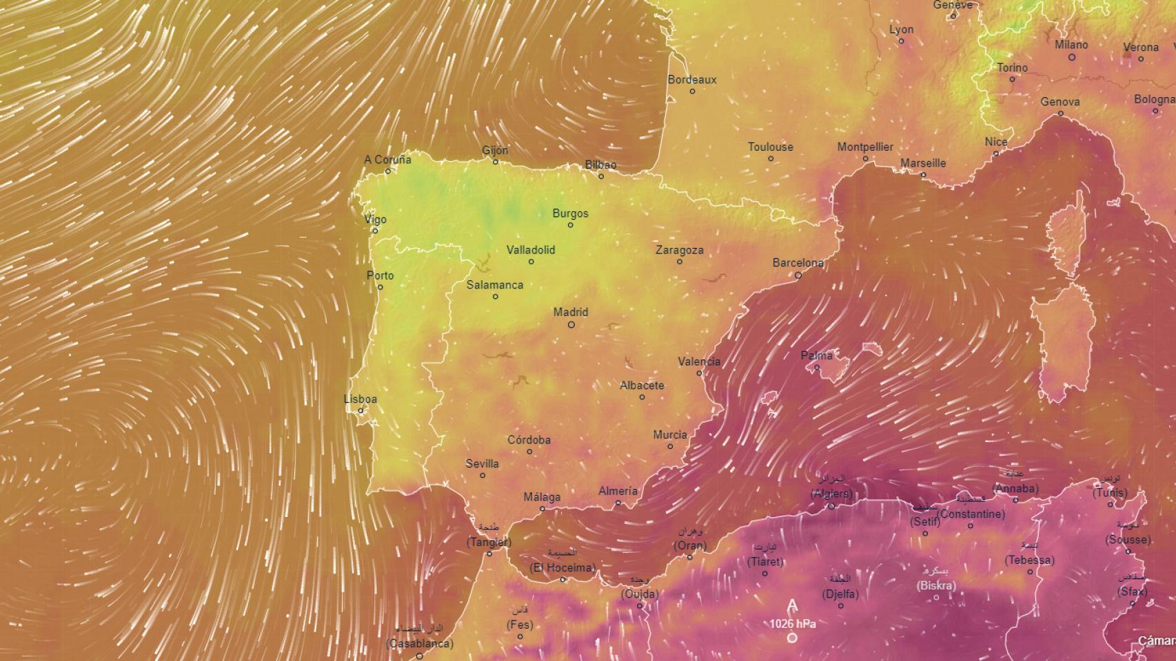 Captura de la ola de calor en España en Ventusky