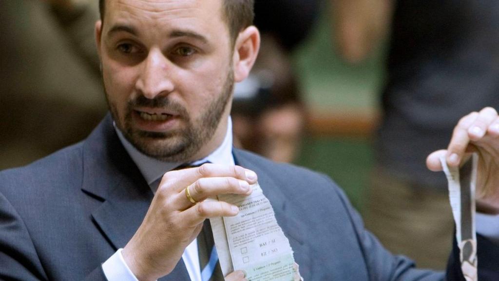 Santiago Abascal rompiendo la papeleta en el Parlamento Vasco en 2008.