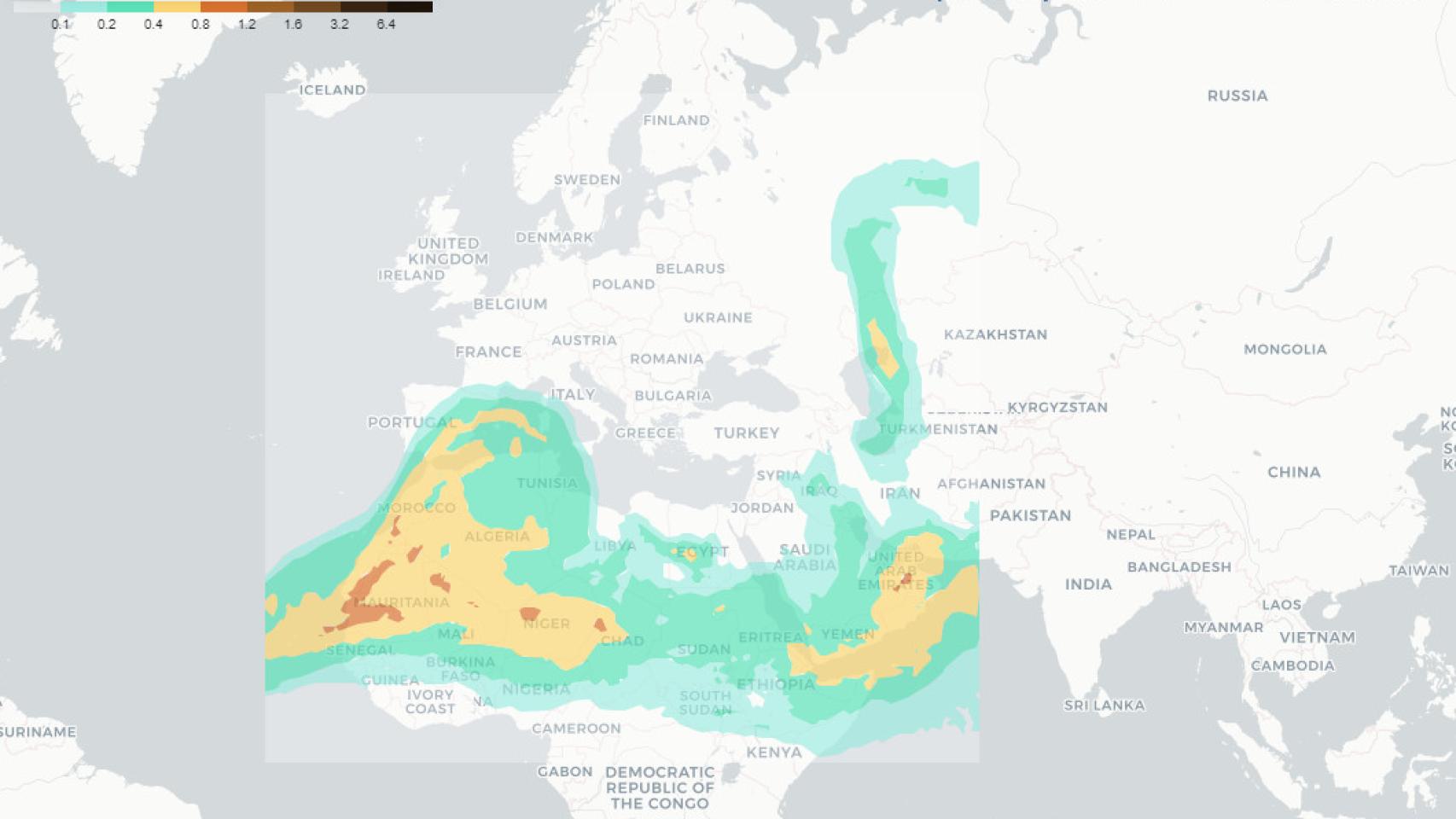Mapa de predicciones de polvo mineral atmosférico.