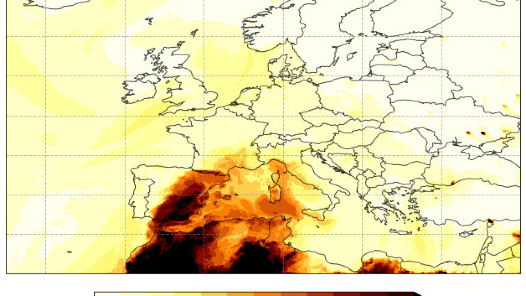 Concentración máxima diaria de PM10 a nivel del suelo a partir del conjunto regional CAMS Europe, el 11 de julio a las 00 UTC (las 02:00 hora española)..