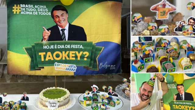 Elementos del 'kit de fiesta' de la Bolsonaro Store, promocionados por Eduardo Bolsonaro abajo a la derecha.
