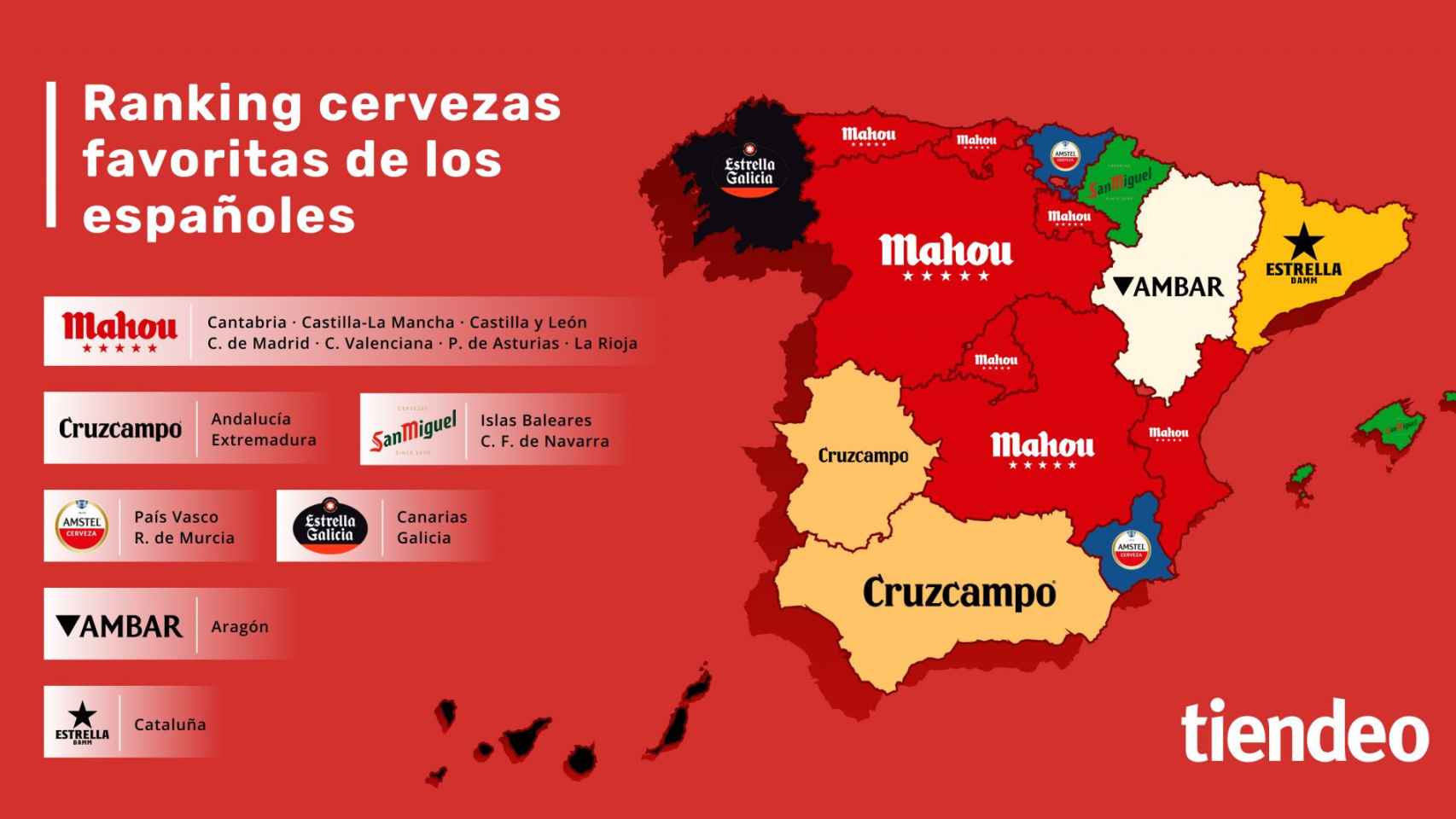 Mapa de España con las cervezas favoritas por comunidades