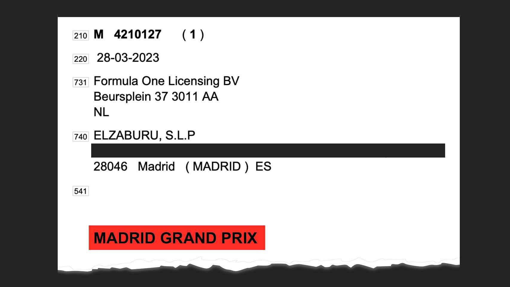 Captura del Boletín Oficial de la Propiedad Industrial con la marca 'Madrid Gran Prix'.
