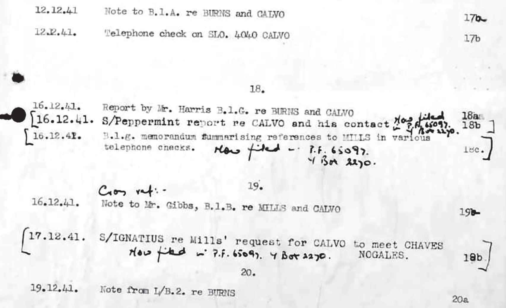 Registros de seguimiento y control telefónico durante diciembre de 1941 a Luis Calvo.