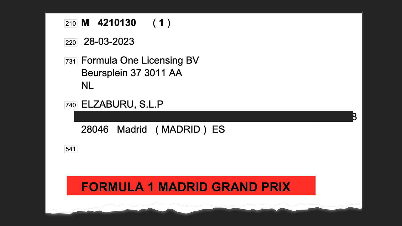 Captura del Boletín Oficial de la Propiedad Industrial con el nombre de Formula 1 Madrid Grand Prix.