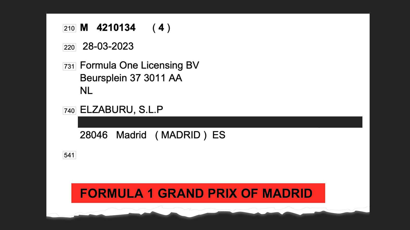 Captura del Boletín Oficial de la Propiedad de Formula 1 Madrid Grand Prix.