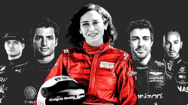 Isabel Díaz Ayuso, en un fotomontaje junto a Carlos Sainz, Fernando Alonso, Max Verstappen y Lewis Hamilton