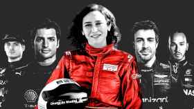Isabel Díaz Ayuso, en un fotomontaje junto a Carlos Sainz, Fernando Alonso, Max Verstappen y Lewis Hamilton