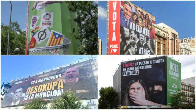 Cuatro de las pancartas políticas desplegadas en Madrid durante el último mes.