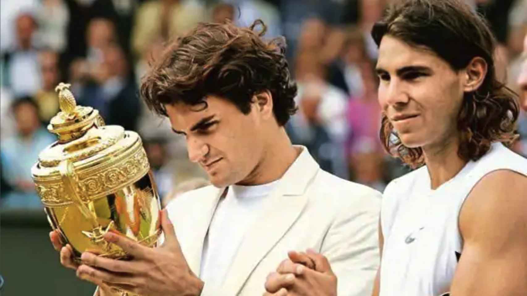 Roger Federer y Rafa Nadal, tras la final de Wimbledon 2006
