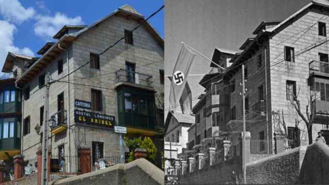 A la izquierda, el edificio del Hostal Longinos El Aribel,en 2019; a la derecha, la  misma construcción en 1943